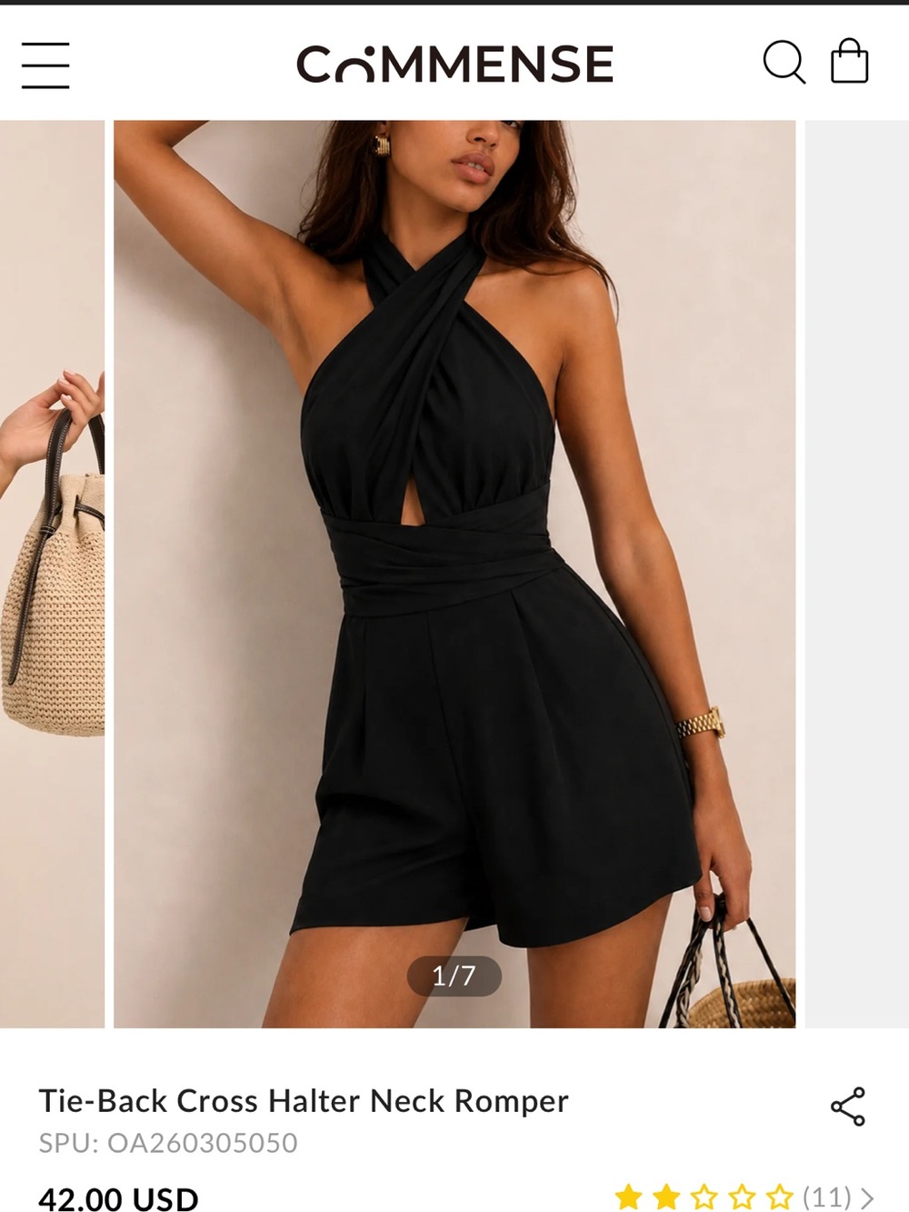 Commense Black Cross-Halter One-Shoulder Romper